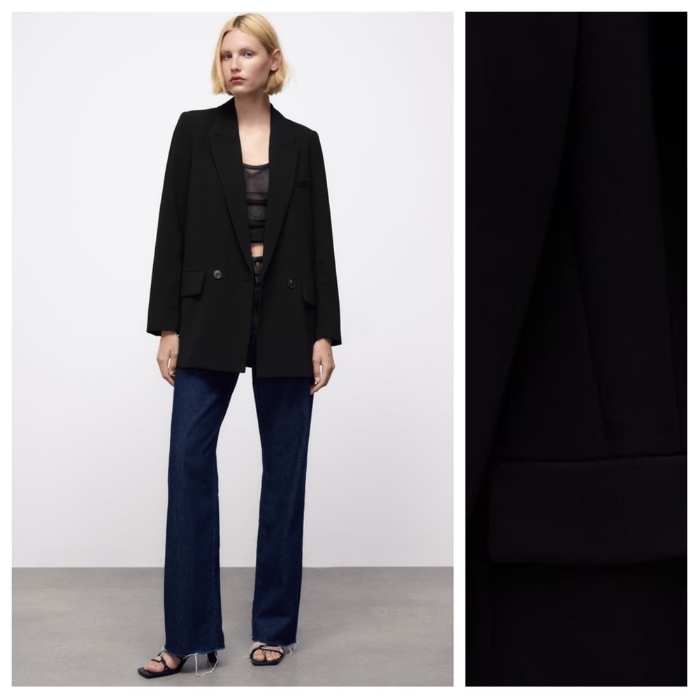 NWT. Zara Black Loose Fitting Double-breasted Blazer. Size S.